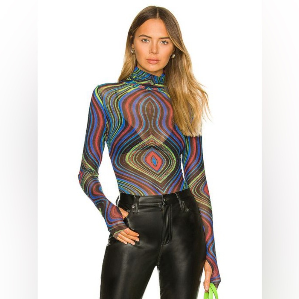 AFRM Zadie top sheer mesh black neon abstract pattern turtleneck Zadie size M